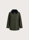 An olive green raincoat with a dark navy blue collar, displayed on a neutral light gray background.