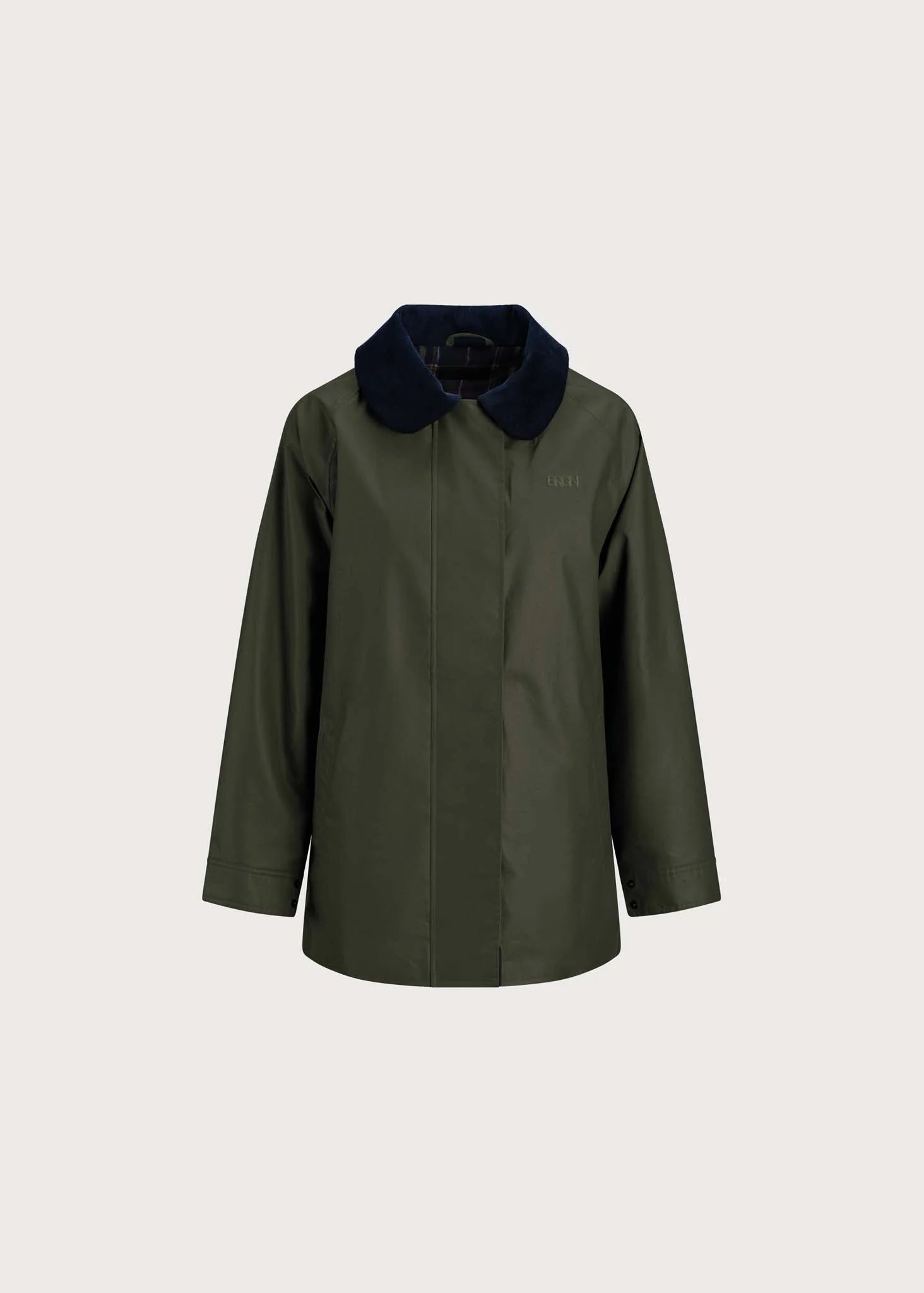 An olive green raincoat with a dark navy blue collar, displayed on a neutral light gray background.