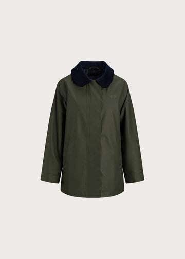 An olive green raincoat with a dark navy blue collar, displayed on a neutral light gray background.