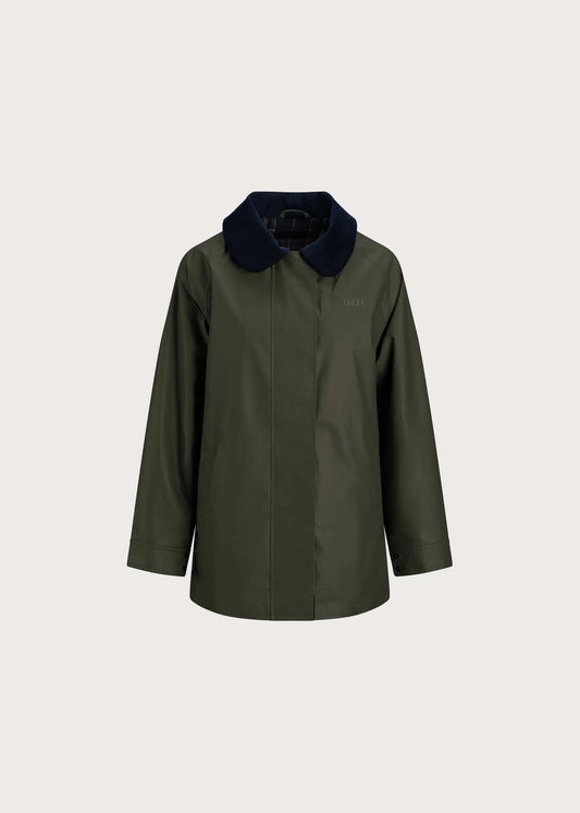 An olive green raincoat with a dark navy blue collar, displayed on a neutral light gray background.