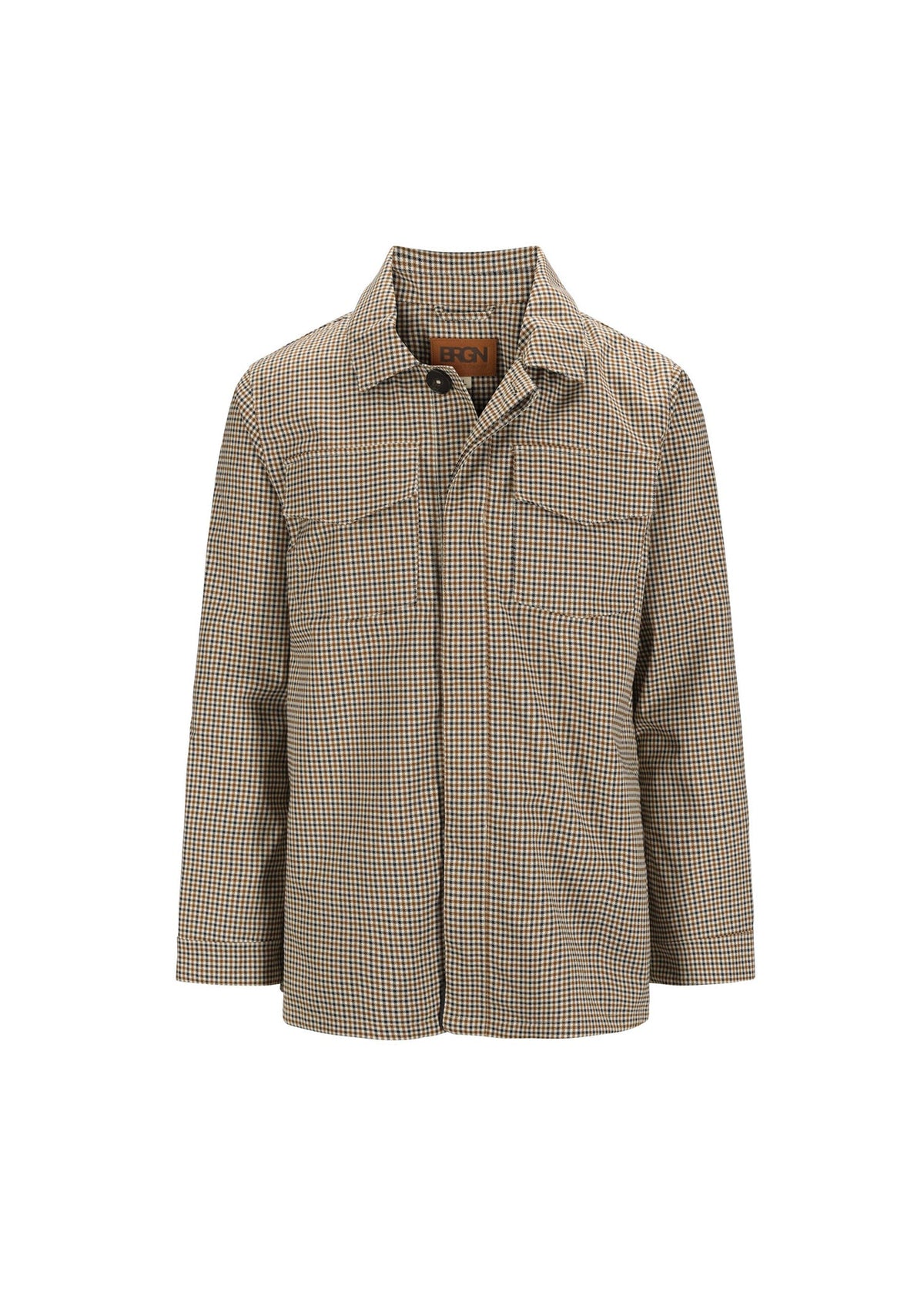 Waterproof shirt style jacket in brown check with removable hood