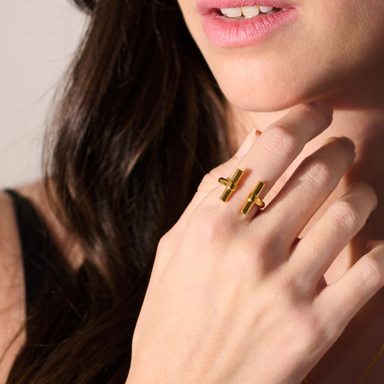 gold adjustable t bar ring from rachel jackson model shot