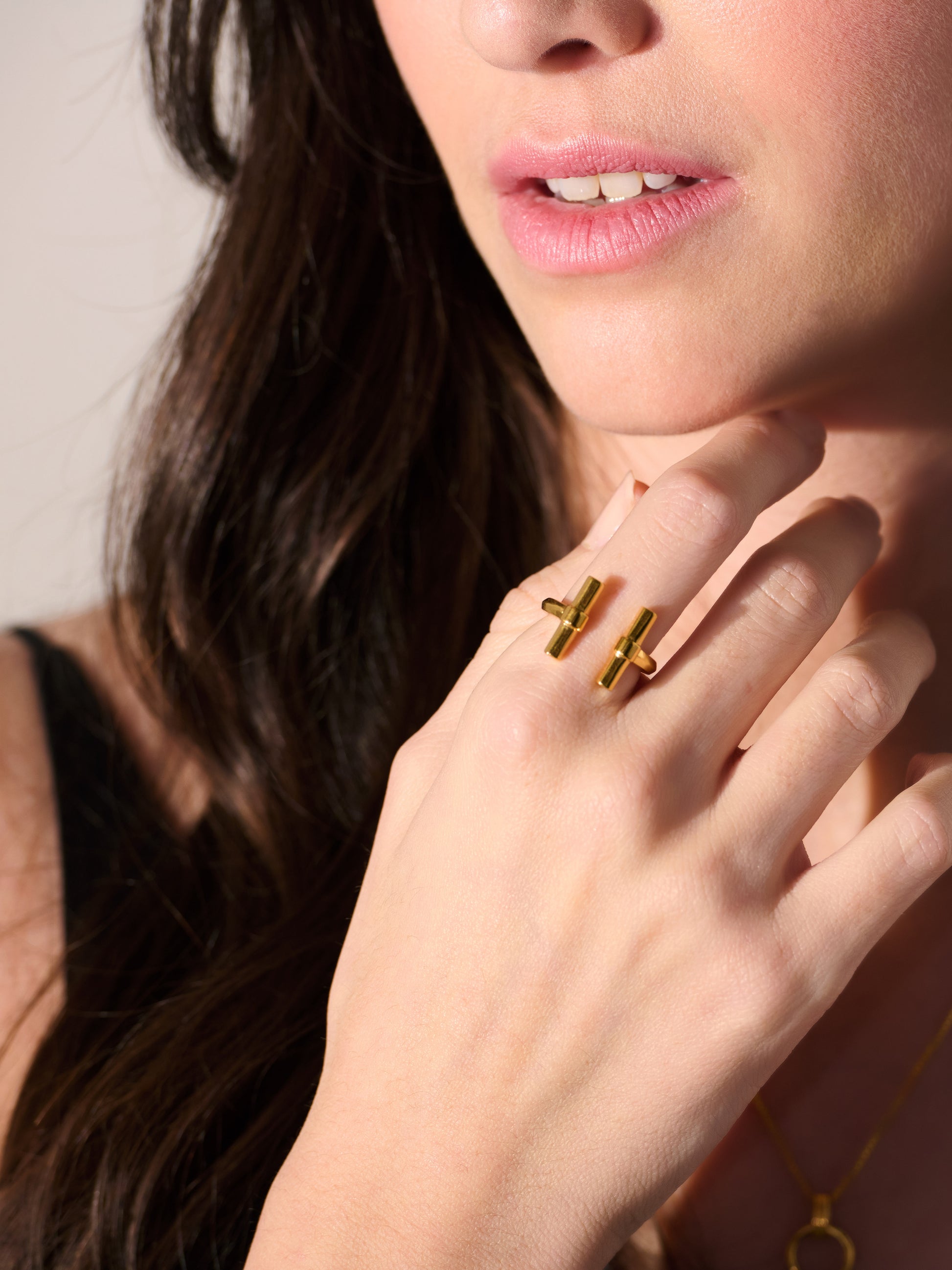 gold adjustable t bar ring from rachel jackson model shot