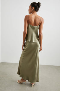 Sage green satin camisole with scoop neck and spaghetti straps