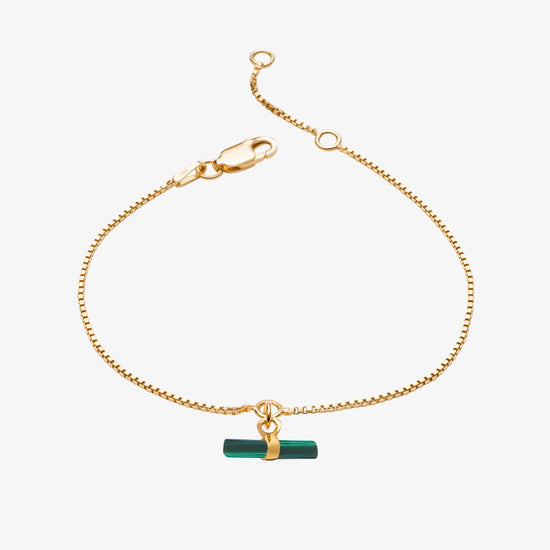 delicate gold bracelet with green malachite t bar charm with lobster clasp from rachel jackson