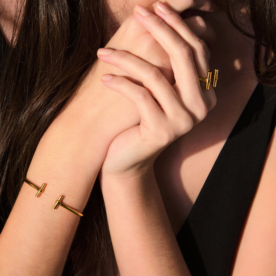 gold t bar adjustable bangle from rachel jackson model shot