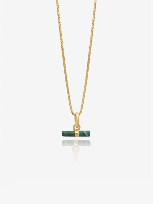 malachite rectangular pendant on a delicate gold chain and a gold ring from rachel jackson