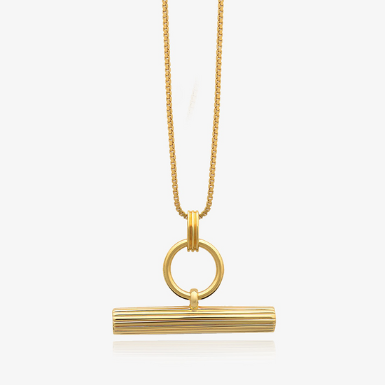 gold t bar necklace with a circular ring and a delicate gold chain from rachel jackson