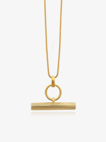 gold t bar necklace with a circular ring and a delicate gold chain from rachel jackson