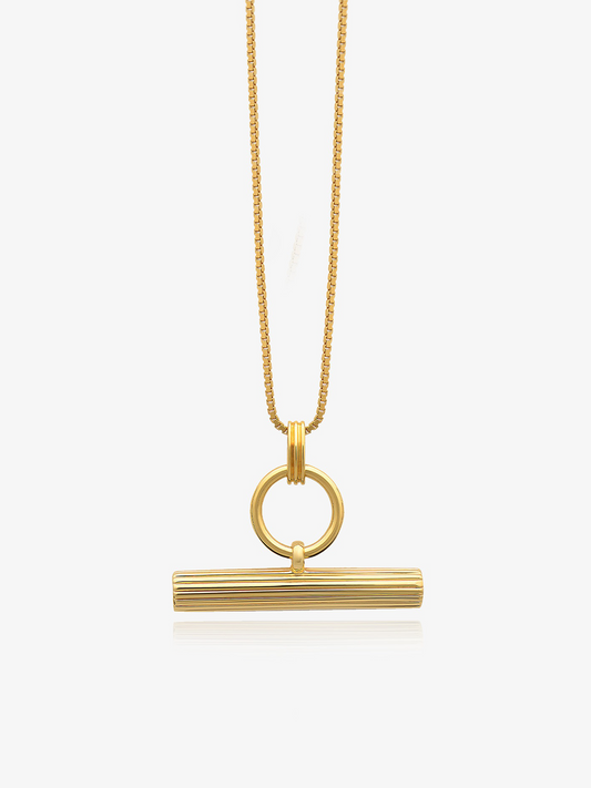 gold t bar necklace with a circular ring and a delicate gold chain from rachel jackson