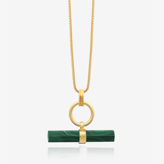 malachite stone rectangular necklace with gold ring and a delicate gold chain from rachel jackson