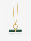 malachite stone rectangular necklace with gold ring and a delicate gold chain from rachel jackson