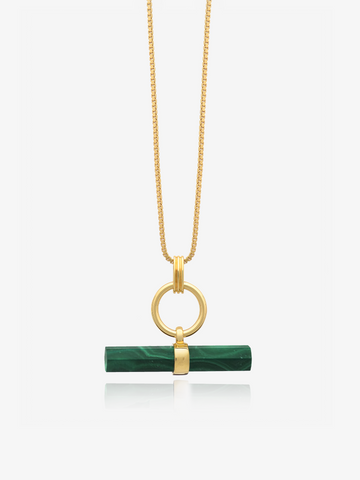 malachite stone rectangular necklace with gold ring and a delicate gold chain from rachel jackson