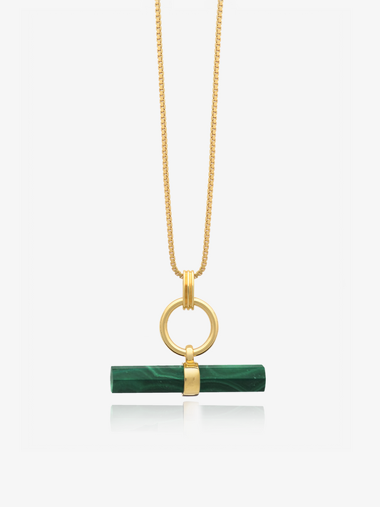 malachite stone rectangular necklace with gold ring and a delicate gold chain from rachel jackson