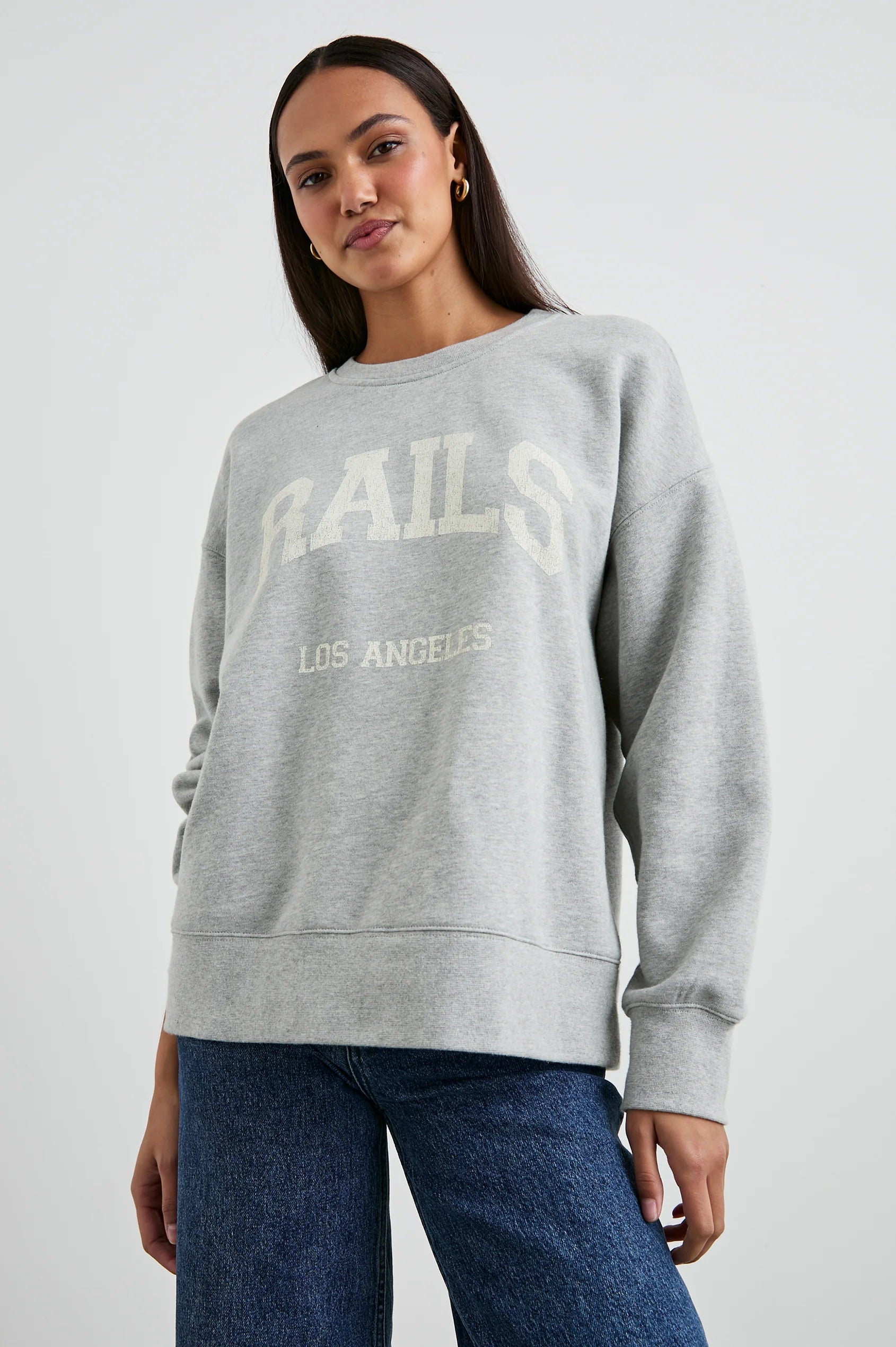 Side view Varsity Sweatshirt with vintage Rails design in heather grey