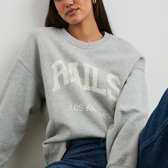 Varsity Sweatshirt with vintage Rails design in heather grey worn with  jeans