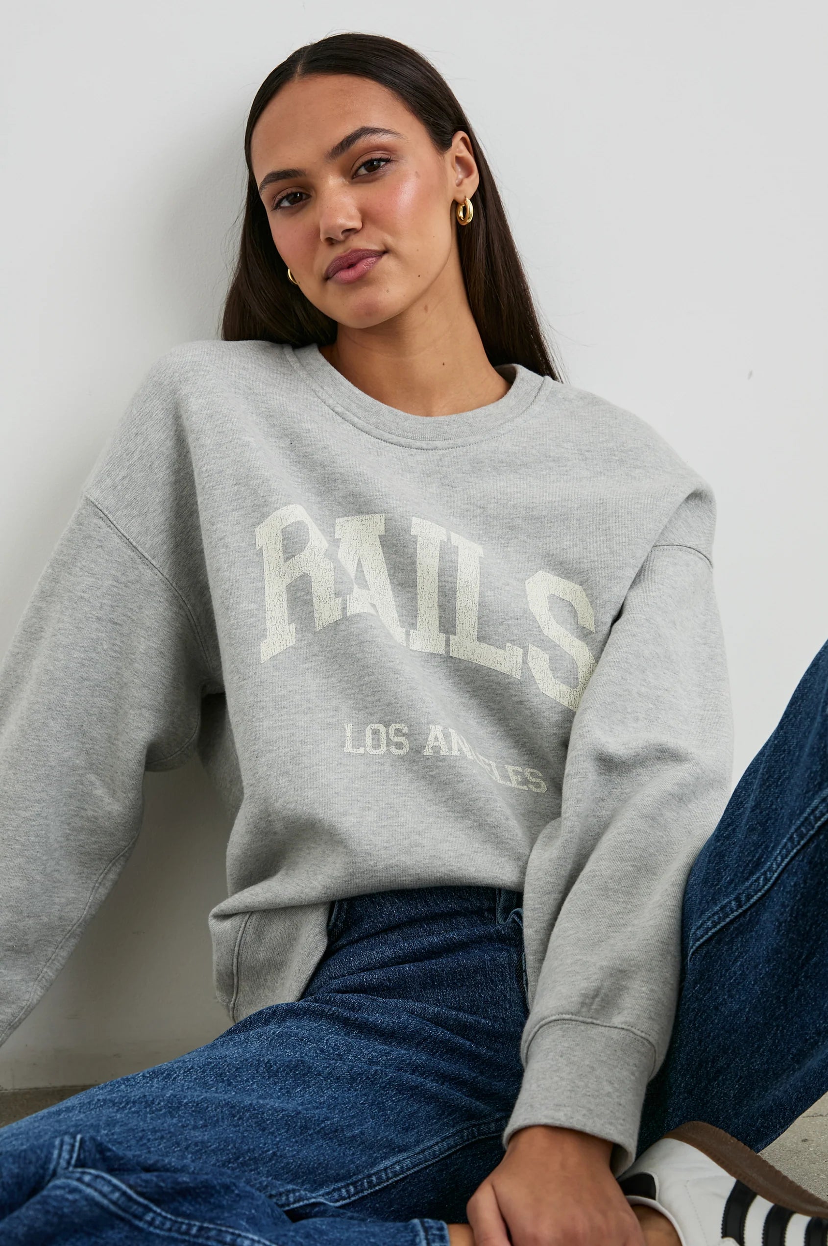 Varsity Sweatshirt with vintage Rails design in heather grey worn with  jeans