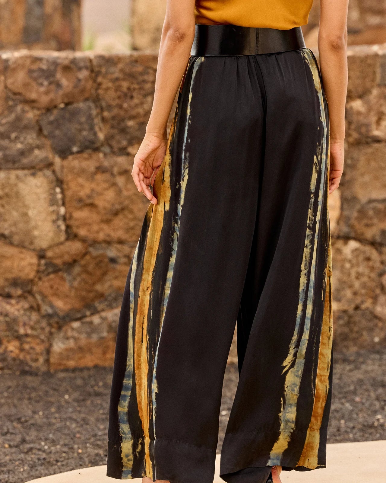 Rear view of wide leg silk trousers