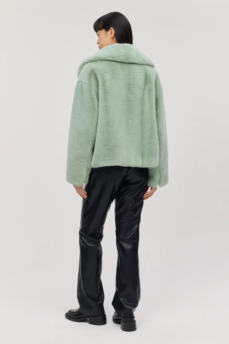 Soft green short boxy faux fur jacket with large collar and two front patch pockets