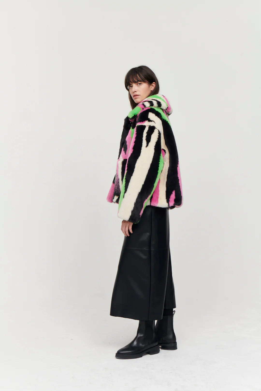 Pink green black and white faux fur jacket with collar and patch pockets