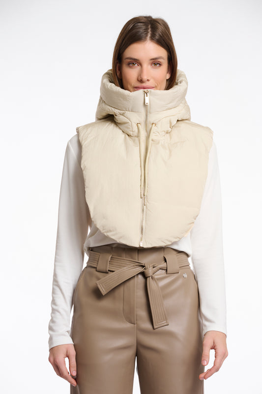 light beige hooded padded zipped bib with drawstring neck 