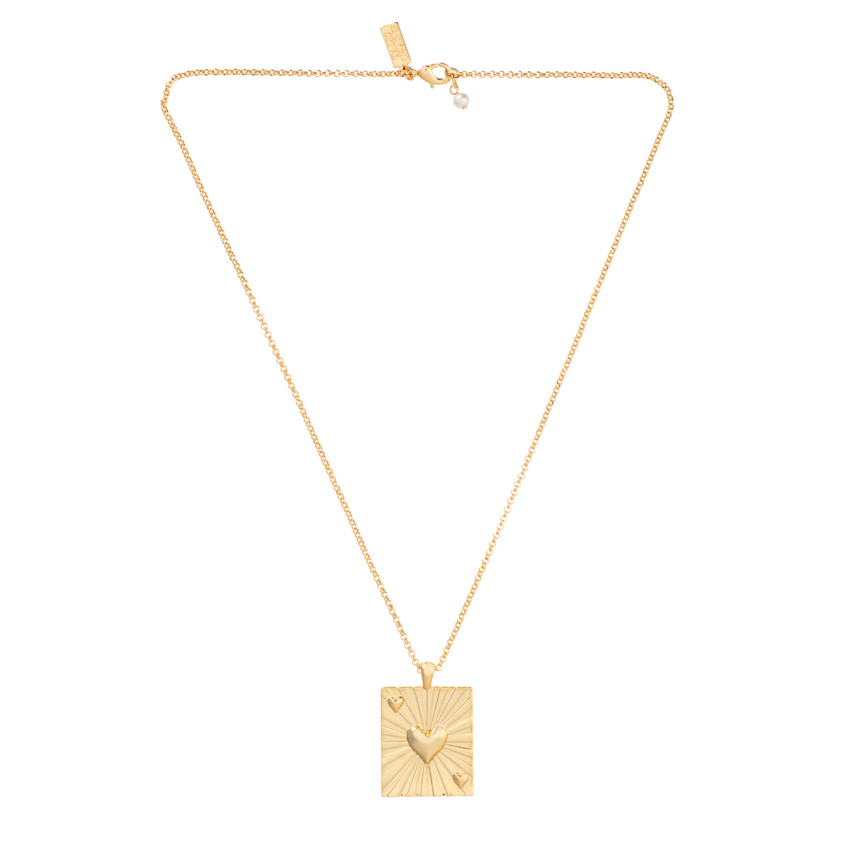 Gold necklace with rectangular gold pendant with embossed heart