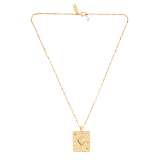 Gold necklace with rectangular gold pendant with embossed heart