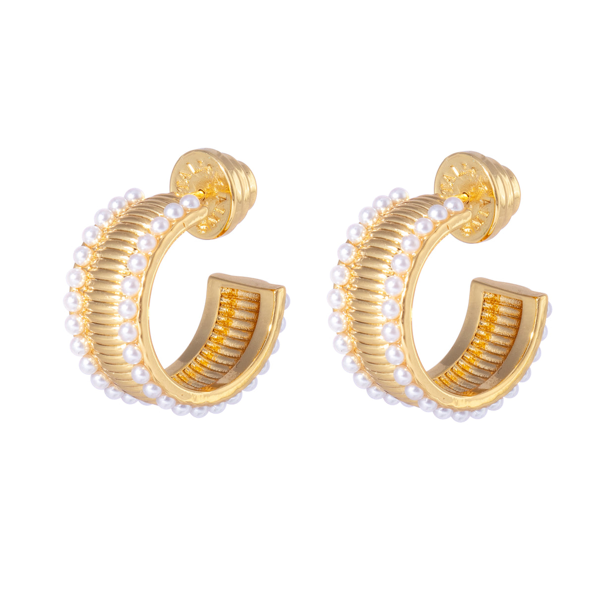 Gold ridged hoops framed by rows of small pearls and secured with a butterfly