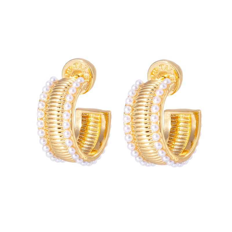 Gold ridged hoops framed by rows of small pearls and secured with a butterfly