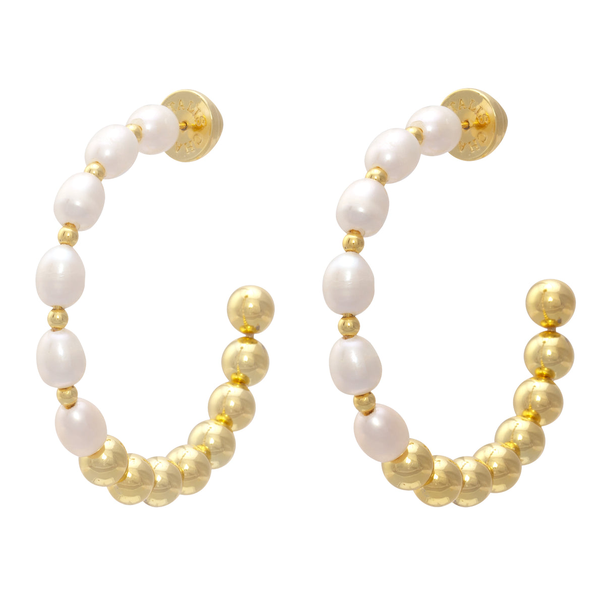 Large hoop earrings with six freshwater pearls and gold plated spheres
