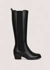 A black leather knee-high boot with elastic side panels and a low block heel, shown in profile against a light gray background.