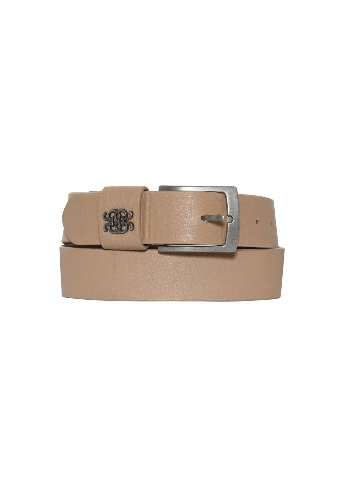 Crystal Leather Belt Taupe with Square nickel buckle and loop detail.
