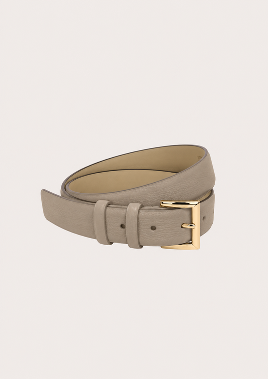 Taupe leather belt with gold square buckle