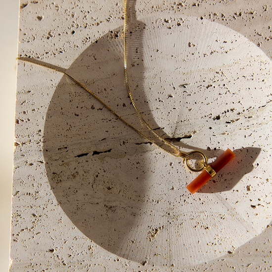 gold ring necklace with orange bar on a gold chain form rachel jackson on a stone