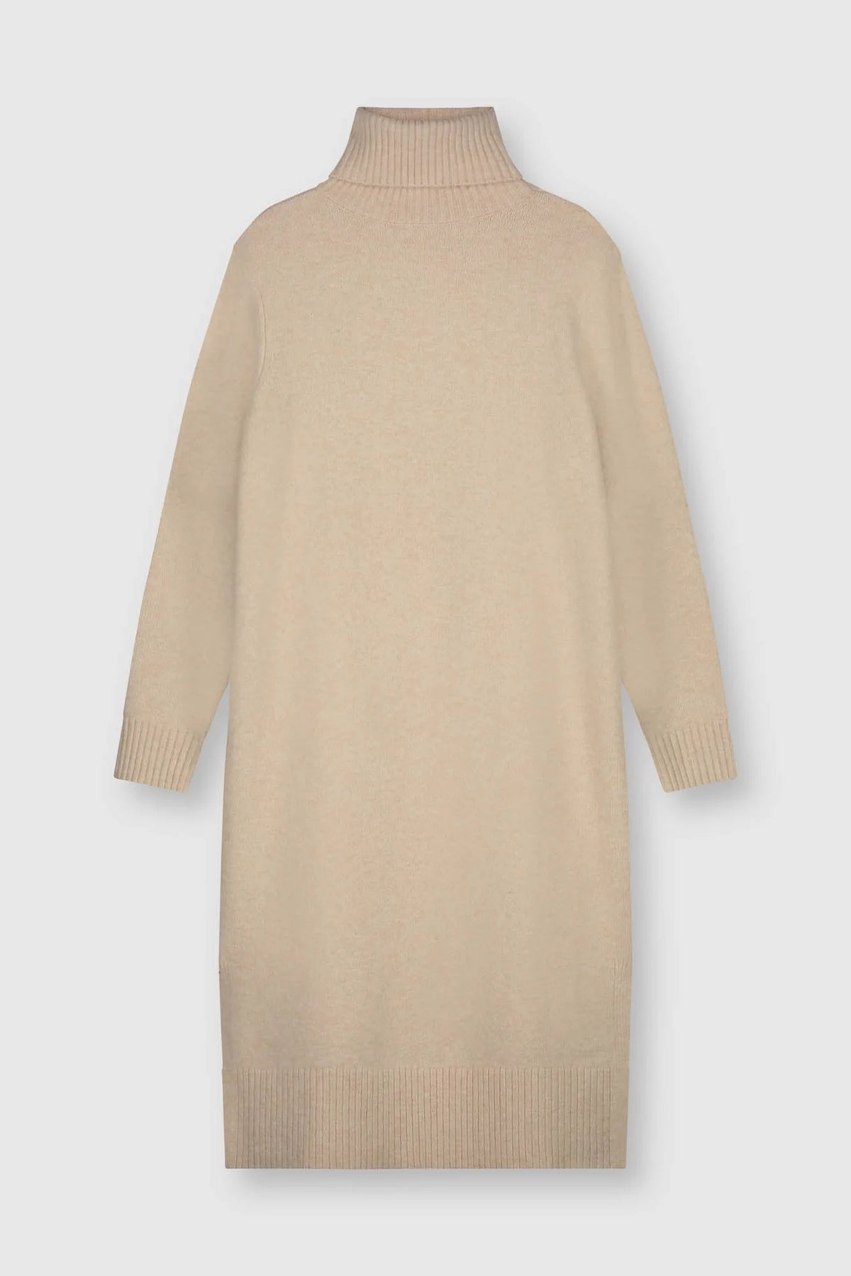 Ecru straight knitted long sleeved roll neck jumper dress