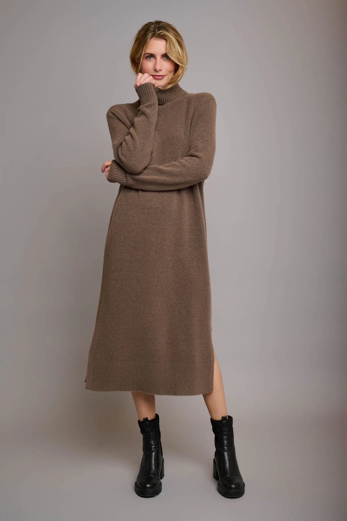 Dark taupe knitted long dress with long sleeves and a high roll neck