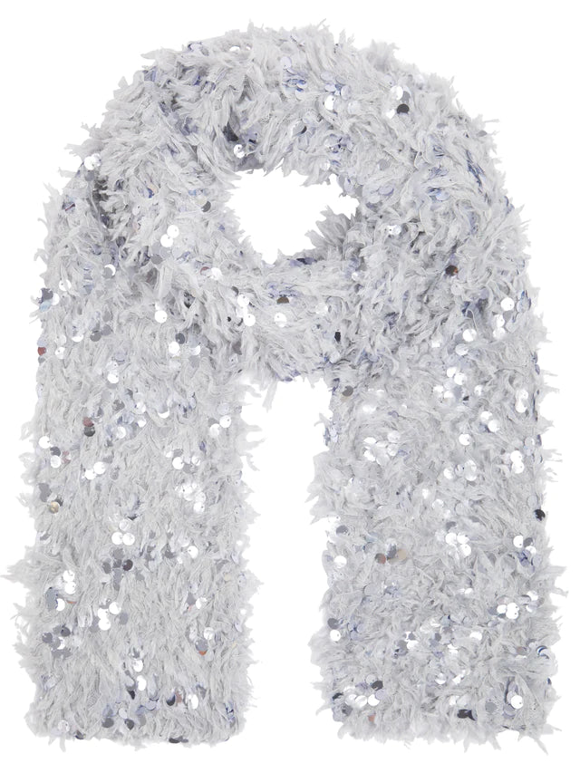 Light grey feathery faux fur and sequin scarf
