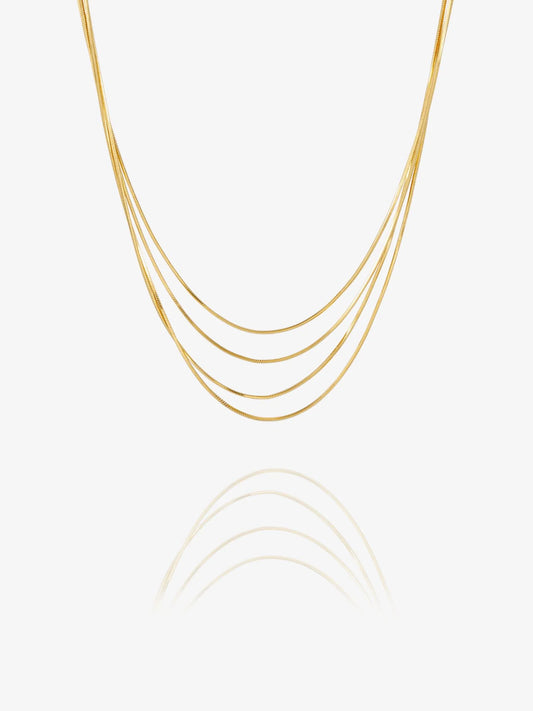 A delicate multi-strand gold chain necklace with five parallel strands, displayed against a clean white background with a soft reflection below.