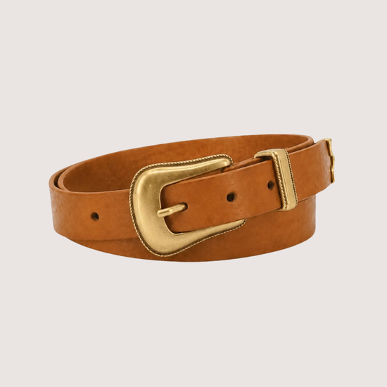 Brown leather belt with a gold buckle on a beige background