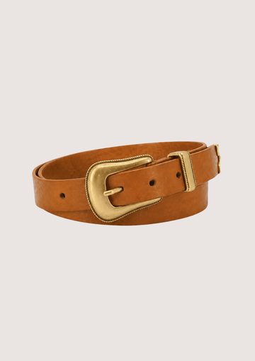 Brown leather belt with a gold buckle on a beige background