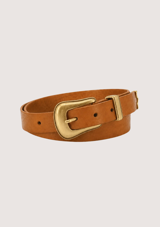 Brown leather belt with a gold buckle on a beige background