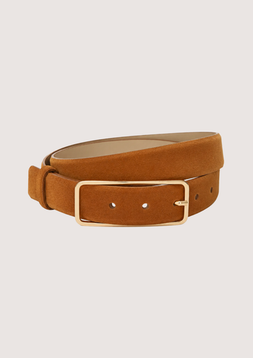 Brown leather belt with a gold buckle on a light gray background