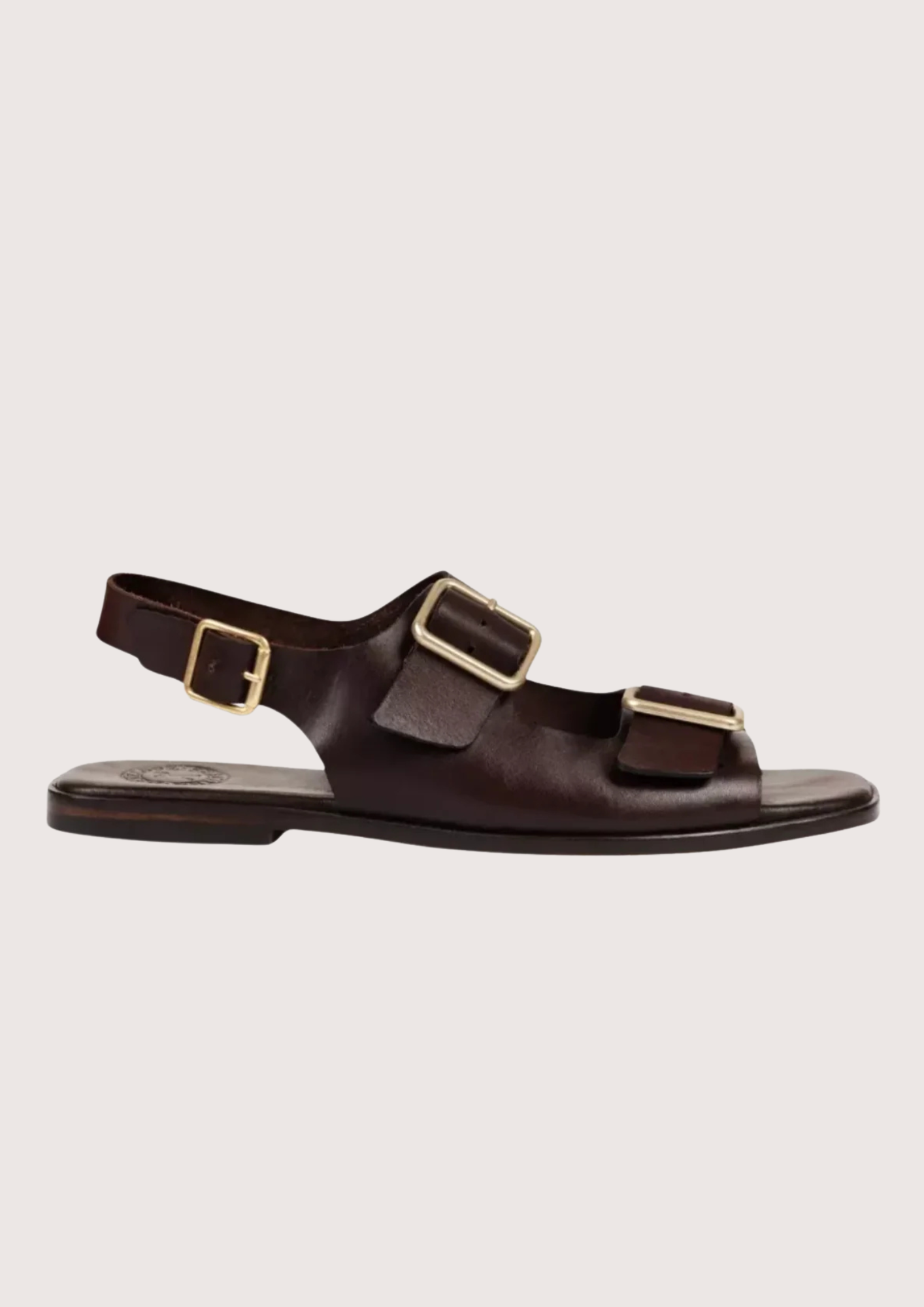 Brown leather sandal with gold buckles on a white background