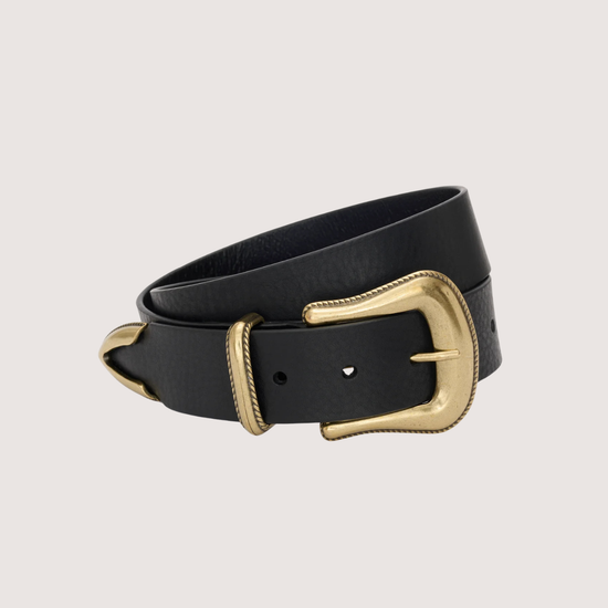 Black belt with a gold buckle on a beige background