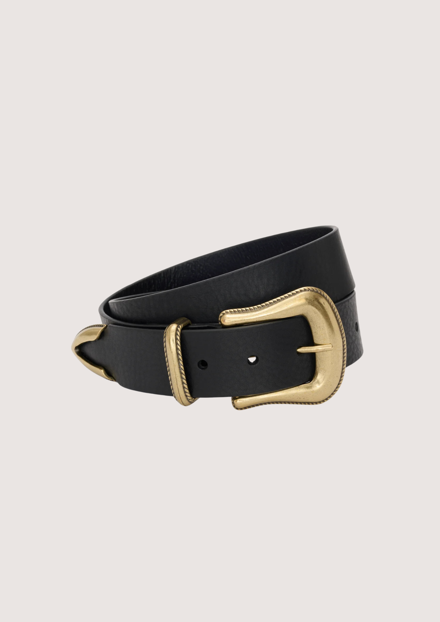 Black belt with a gold buckle on a beige background