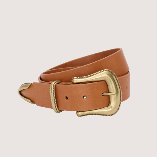 tan leather belt with gold hard ware