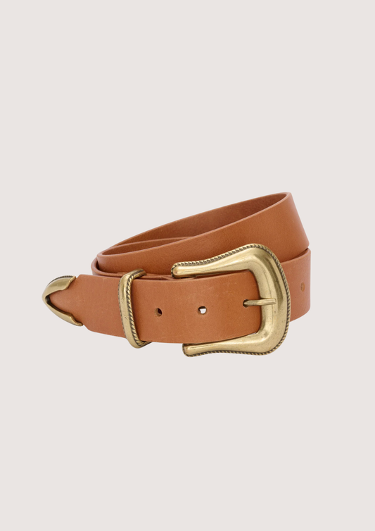 tan leather belt with gold hard ware