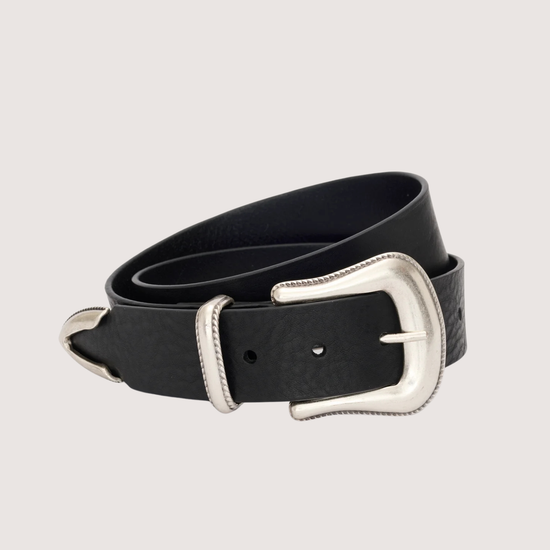 Black leather belt with silver buckle on a light gray background