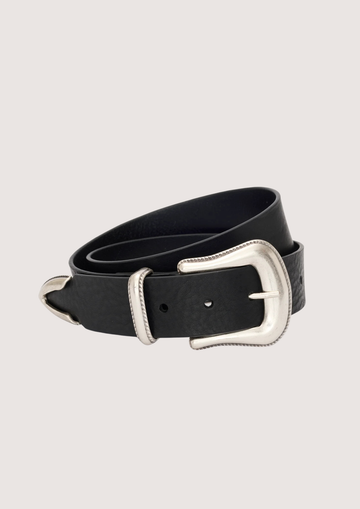 Black leather belt with silver buckle on a light gray background