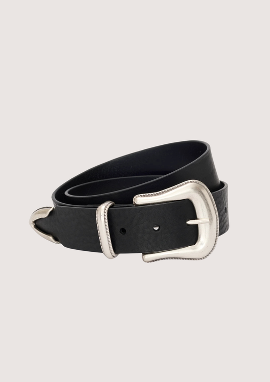 Black leather belt with silver buckle on a light gray background